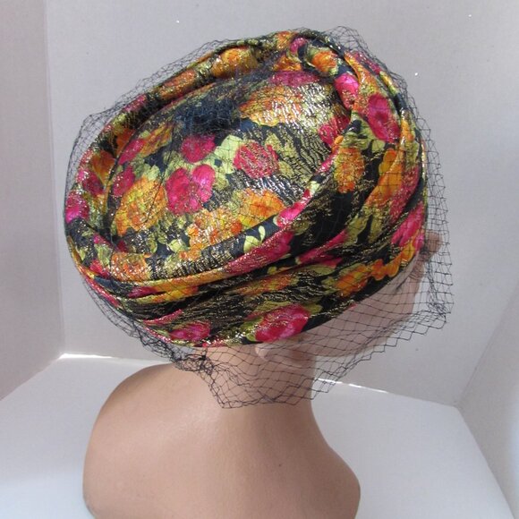 1960 Era Pill Box Hat Colorful Brocade Gold Threading - Picture 5 of 11
